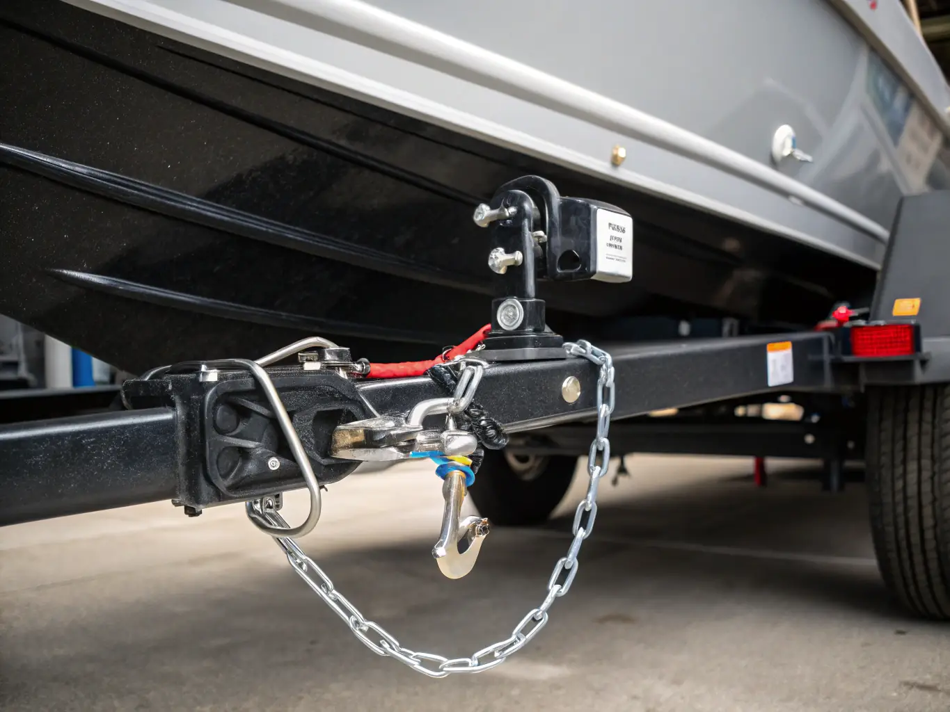 A close-up image of the safety features on a Sheridan Rentals utility trailer, such as lights, reflectors, and secure hitch connections. The focus is on the trailer's compliance with safety standards and regulations.